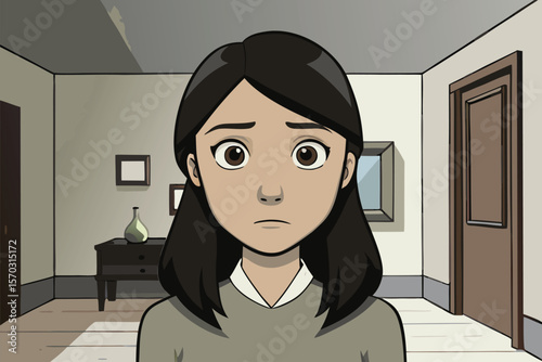 Worried Young Woman in Thoughtful Introspection in a Minimalist Room