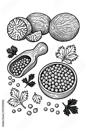 Nutmeg and Coriander: Hand-Drawn Vector Illustration of Spices and Herbs