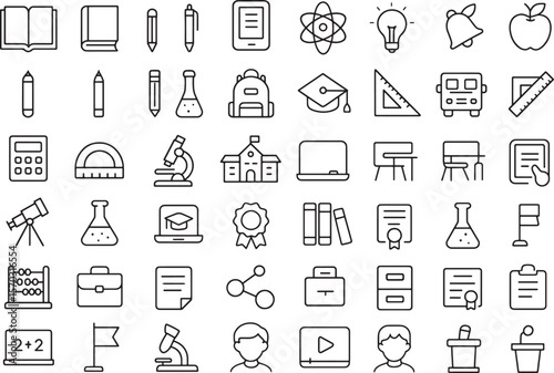 Vector Icon Collection of Educational Subjects, School Supplies, and Science Tools