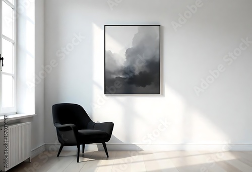 Generative AI Minimalist Room Featuring Abstract Cloud Painting