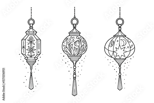 Ornamental Lanterns Vector Illustration Decorative Hanging Light Elements