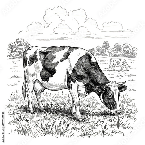 Illustration Cow Grazing in Field Transparent Background Animal