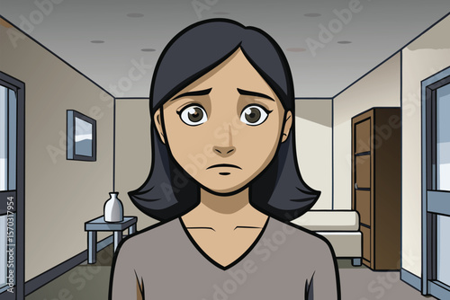 A young woman wearing a gray shirt looks concerned while standing in a simple yet cozy room.