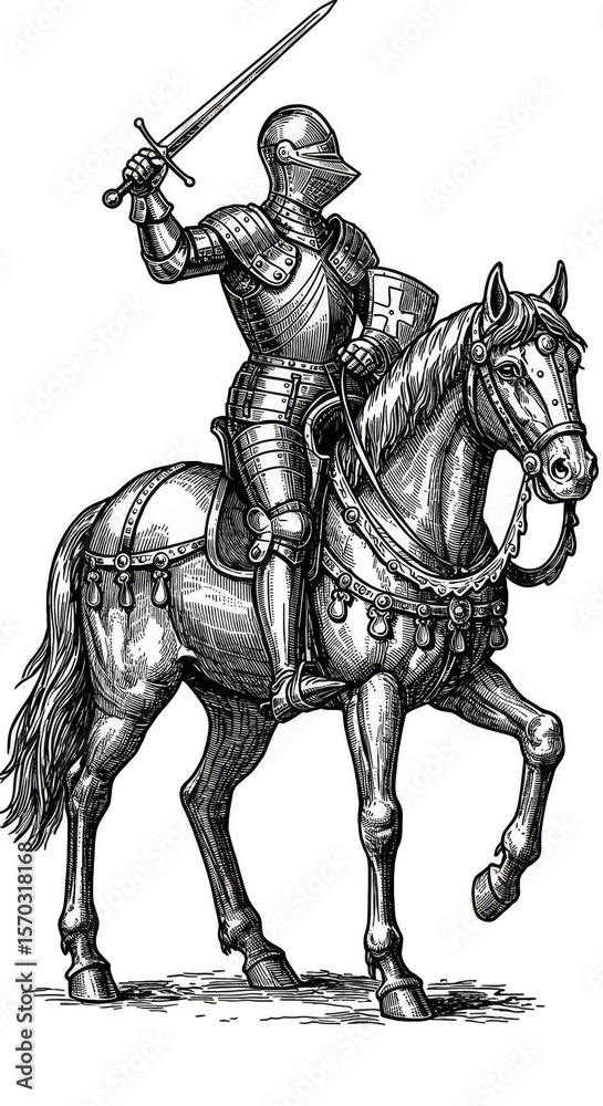 Illustration Knight on Horseback in Shining Armor Holding Sword Illustration Knight on Horseback in Shining Armor Holding Sword