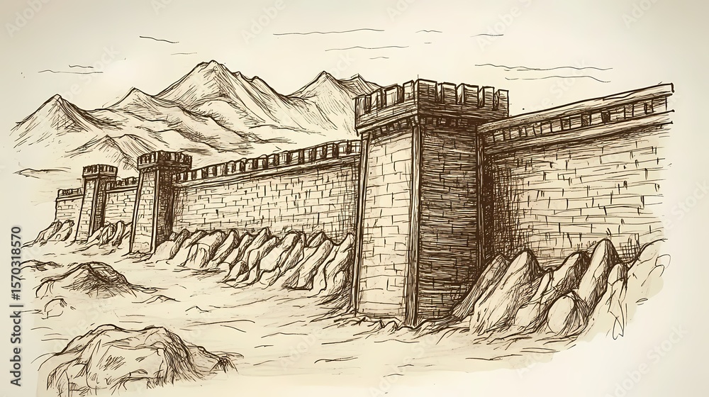 Fototapeta premium Ancient stone fortification with watchtowers.