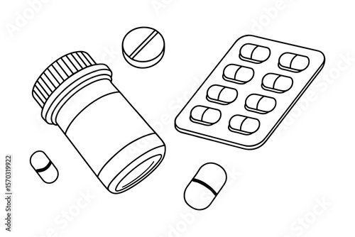 Pill Bottle and Blister Pack Outline Illustration for Medical or Pharmacy