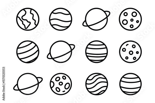 Planet Icon Set Outline Style Space Galaxy Universe Celestial Body