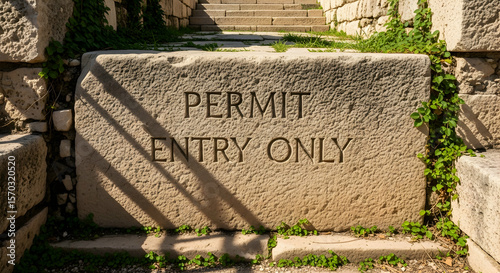 Permit Entry Only Engraved On Ancient Stone Block Leading To Steps Pathway