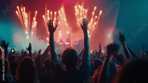 Captivating music festival crowd illuminated by vibrant concert stage lights
