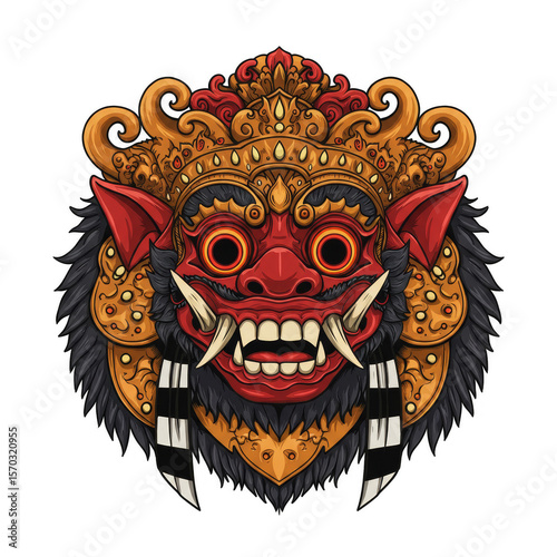 Detailed Balinese Barong Mask Illustration Vector with Transparent Background