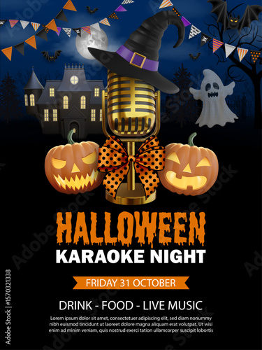 halloween karaoke poster with gold mic with witch hat and pumpkins on scary landscape. halloween karaoke night flyer 