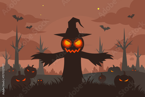Spooky Halloween Scarecrow Glowing Eyes and Creepy Pumpkins in a Dark Forest