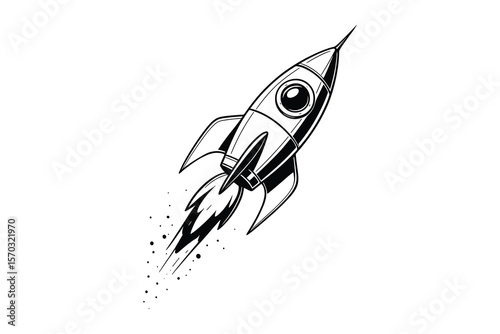 Rocket Ship Launching into Space Illustration with Flames and Smoke Trail