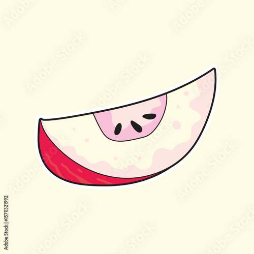 Hand drawn apple slice with red skin and seeds in cute cartoon style, ideal for autumn harvest, thanksgiving, healthy food designs, dessert packaging, seasonal prints, and creative culinary projects.