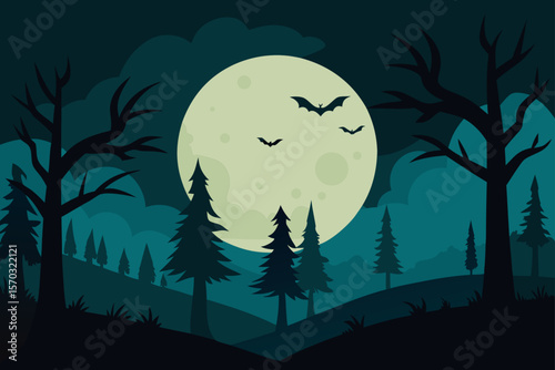 Spooky Halloween Night Full Moon, Bats, and Creepy Trees
