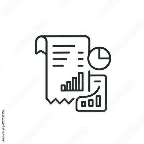 Depicts data analytics with a line drawing of a chart, graph and financial report, a smart choice for accounting or bookkeeping.