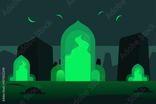 Eerie Night Landscape Mysterious Green Glowing Structures in Dark Fantasy Setting