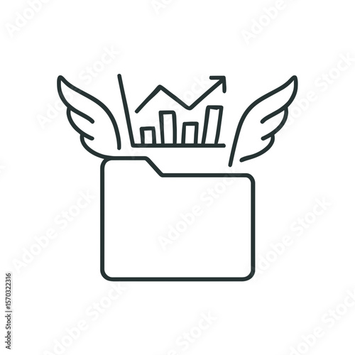 Creative business data analysis graphic showing file folder with wings and upward trending graph, suitable for company analytics and reports.
