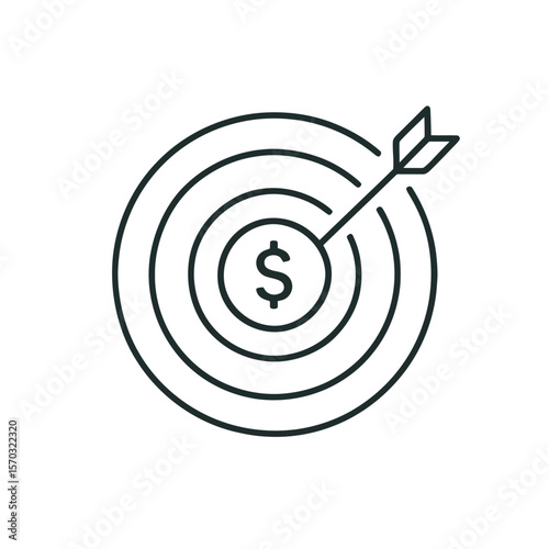 Financial goal graphic showcases a bullseye with dollar sign and arrow for investment and target marketing concepts.