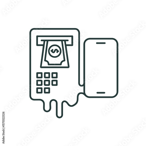 Minimalist art portrays a modern banking scenario with a mobile phone connected to an ATM for financial transactions.