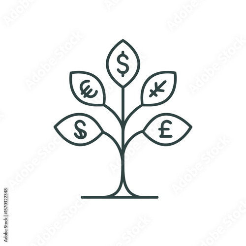 A financial tree graphic illustrating growth and investment, featuring currency symbols as leaves in a minimalist style design.