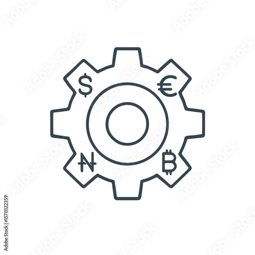 A financial mechanism displays dollar, euro, naira, and bitcoin symbols arranged around a cogwheel, conveying a concept of digital currency.