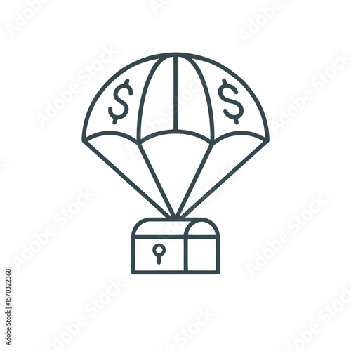 An outline design features a treasure chest descending by parachute with dollar signs, symbolizing financial assistance or economic relief.