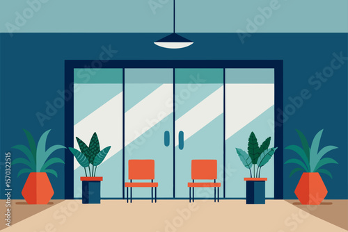 Modern Office Entrance Glass Doors, Plants, and Minimalist Design