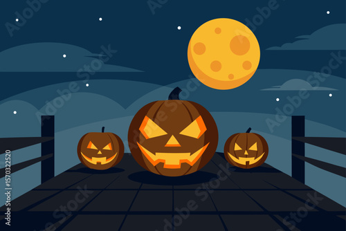 Spooky Halloween Night Jack-o'-lanterns on a moonlit dock