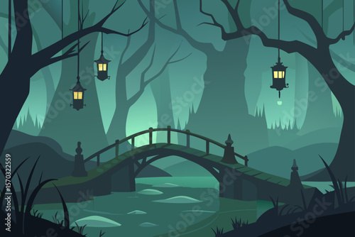 Enchanted Forest Mysterious Bridge and Glowing Lanterns in a Dark, Mystical Woods