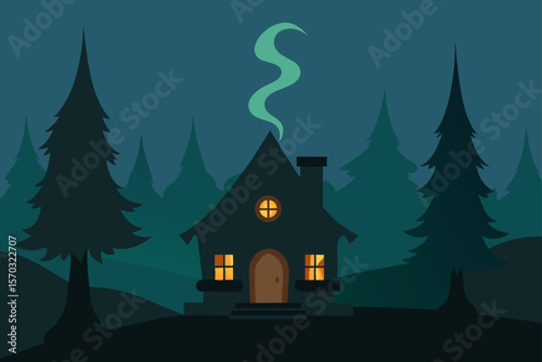 Enchanted Forest Cabin Cozy Night in the Woods Illustration