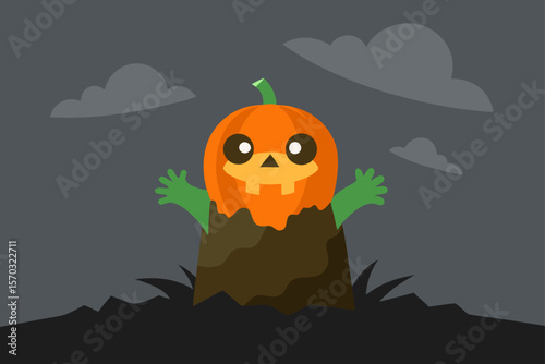 Adorable Halloween Pumpkin Rising from the Ground Cute Spooky Illustration
