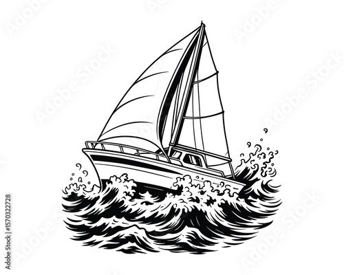 Sailing Boat on Wavy Sea with Splashing Water Nautical Vessel Drawing