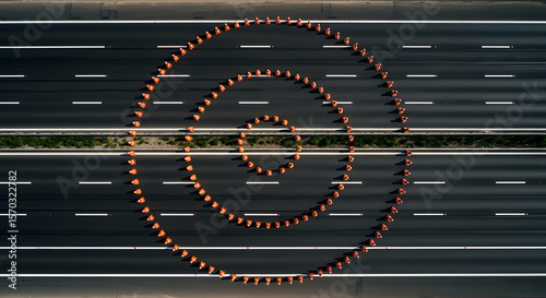 Roadwork Construction: Cones Forming a Spiral on Asphalt Highway Surface