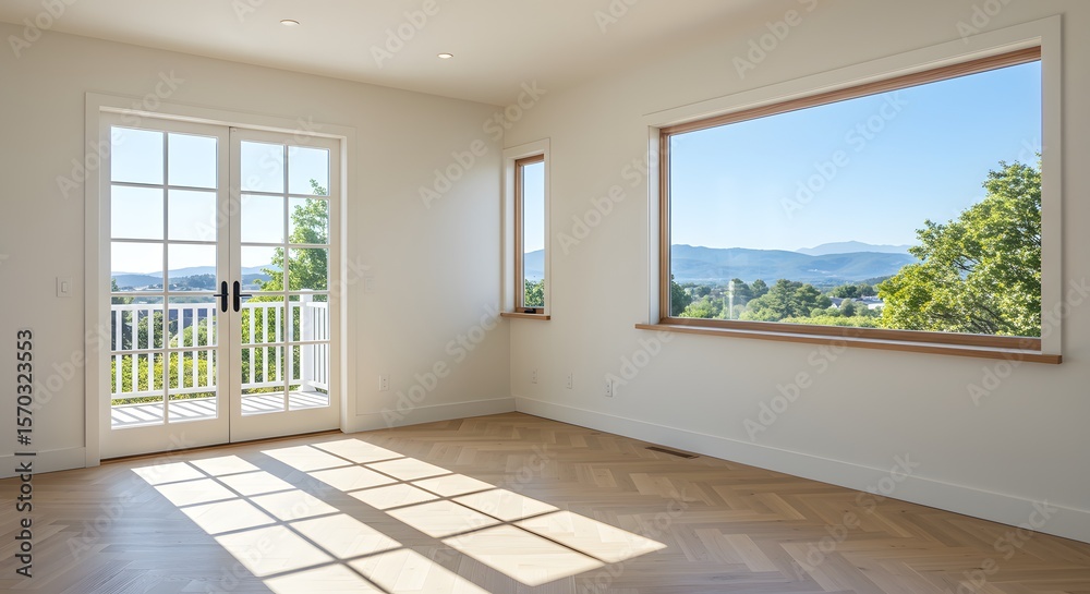 Obraz premium Modern Interior with Large Windows and Mountain View