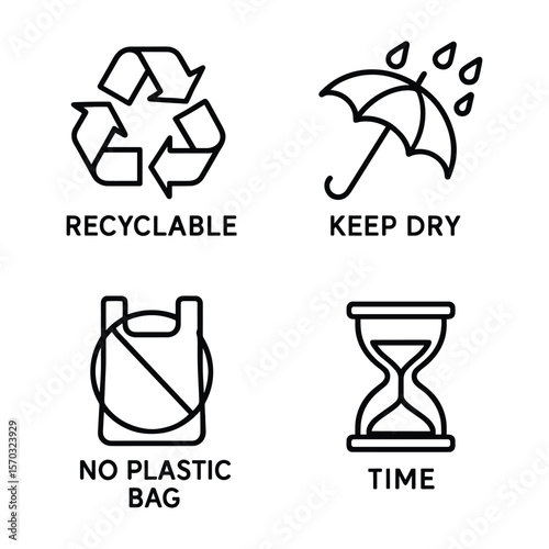 Set of Packaging Symbols for Recycling, Plastic Ban, Time, and Rain Protection