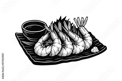 Shrimp Tempura Illustration with Soy Sauce and Ginger on a Plate