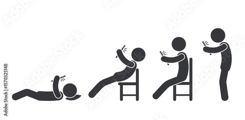 Isolated pictogram man using smartphone in various positions — standing, sitting, lounging, lying — symbolizing social media activity, browsing, and mobile gaming.