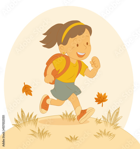 Happy schoolgirl running with backpack during autumn season