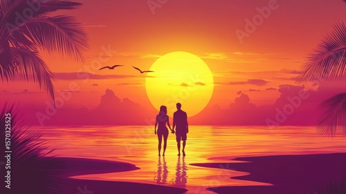 Romantic Beach Sunset: Silhouetted couple strolling hand-in-hand on sandy beach. The scene evokes feelings of love, peace, and tropical beauty at magical sunset.