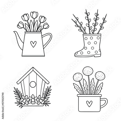 Springtime Gardening with Tulips, Willow, Birdhouse, and Dandelion Line Art