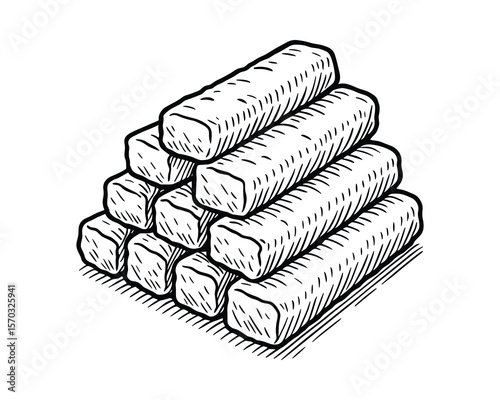 Stacked Fish Sticks Illustration: Detailed Engraving Style Seafood Drawing