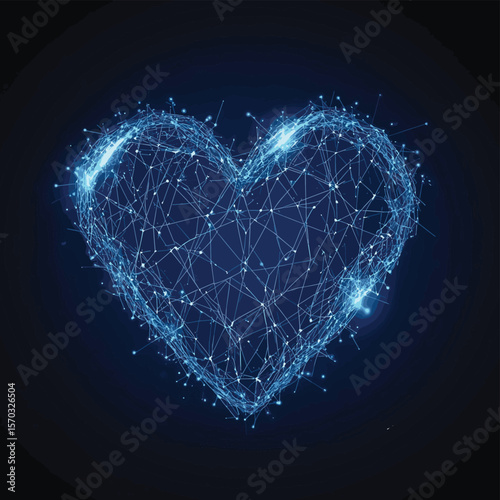 Abstract heart beat form lines and triangles, point connecting network on blue background. Illustration vector, vector style simple color