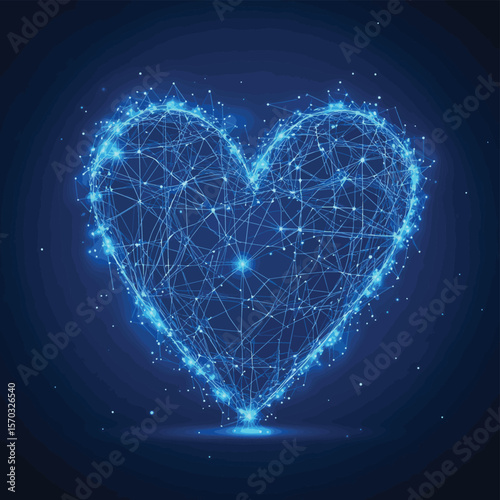 Abstract heart beat form lines and triangles, point connecting network on blue background. Illustration vector, vector style simple color