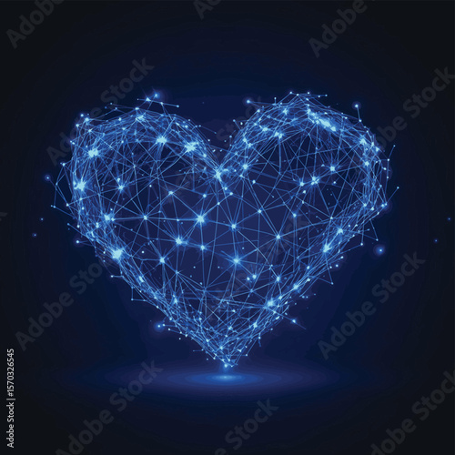 Abstract heart beat form lines and triangles, point connecting network on blue background. Illustration vector, vector style simple color