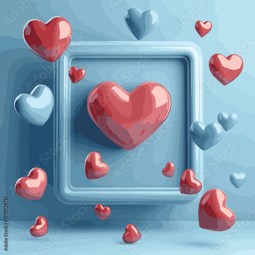 3D Social media online platform concept, online social communication on applications, Photo frame with heart and love emoji icon, like and play in red bubble 3d icons