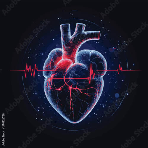 Abstract blue human heart with red cardio pulse line and red circle. Healthcare medical concept, vector style simple color