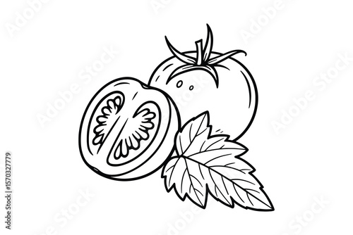Tomato Vector Illustration with Slice and Leaf in Black and White Style