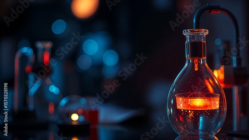 A clear bottle glass of chemical reaction with glowing orange red heater are isolated on a night laboratory bokeh background