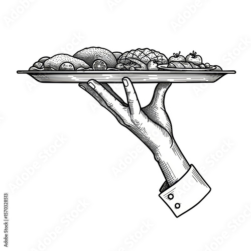 Isolated Hand Serving Food Illustration Tray White Background